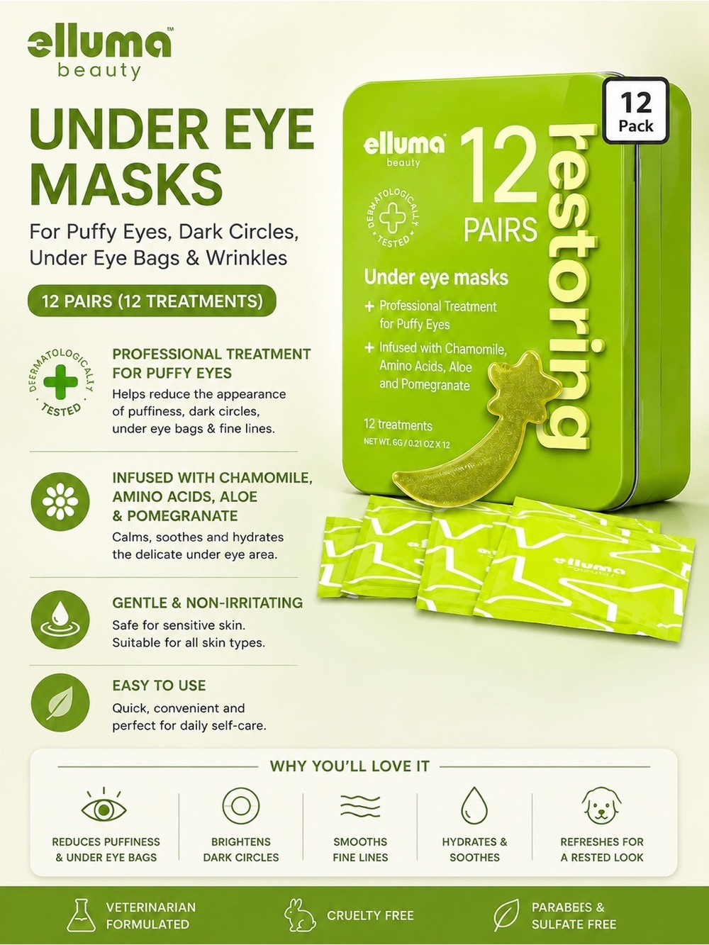 elluma beauty Under Eye Masks — Green Pack (12 Pairs)